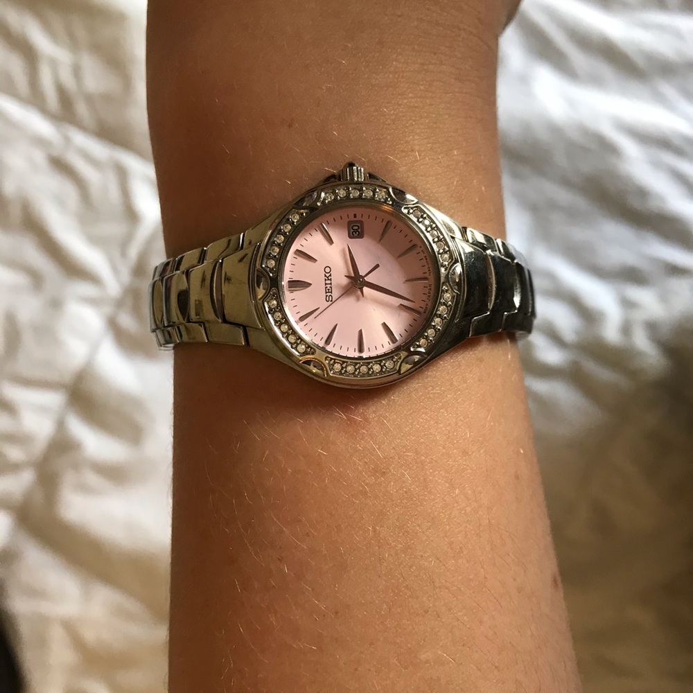 Seiko silver watch pink face